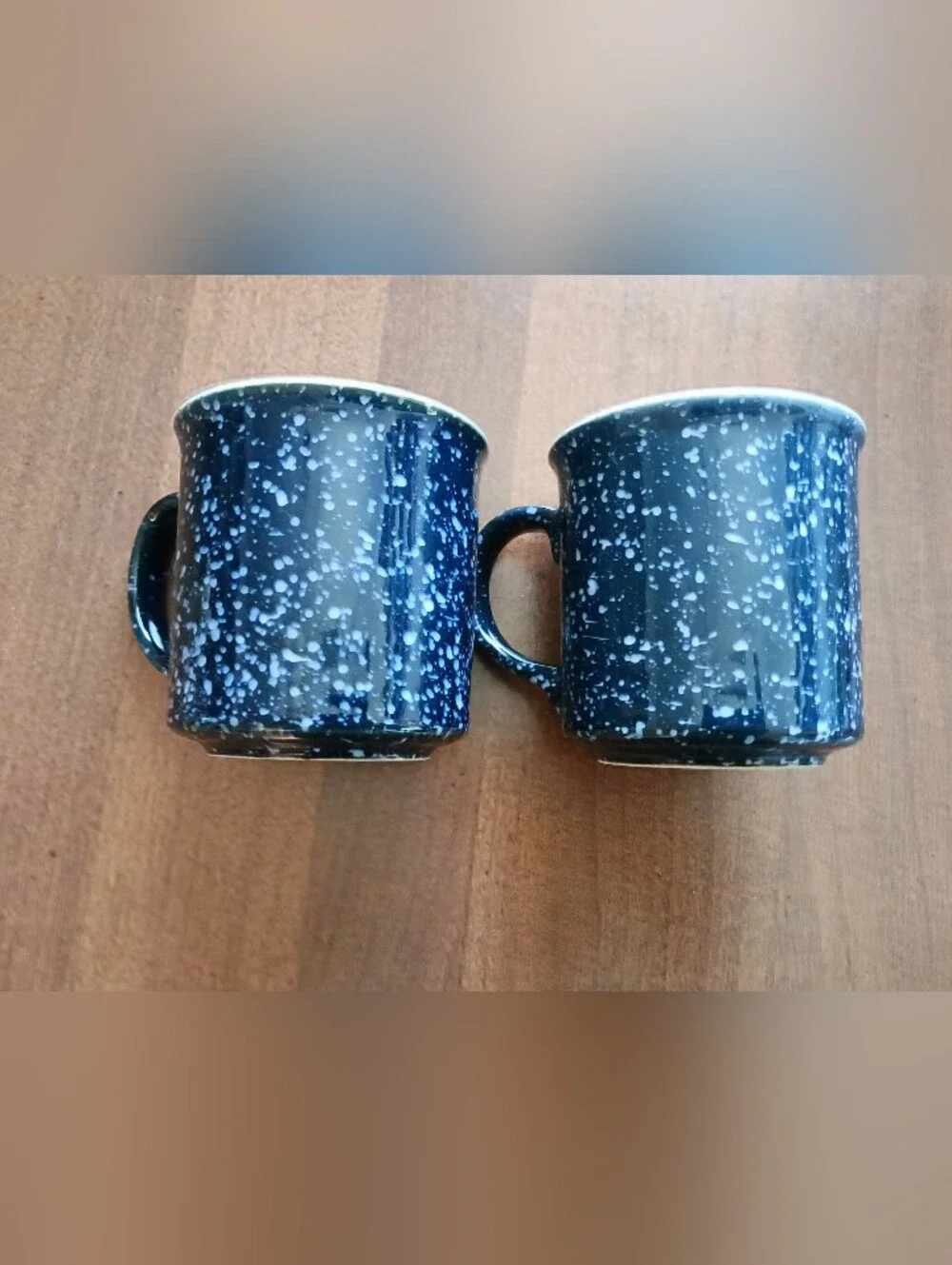 Vintage Set of Blue & White Speckled Glazed Ceramic Duck Coffee Cups